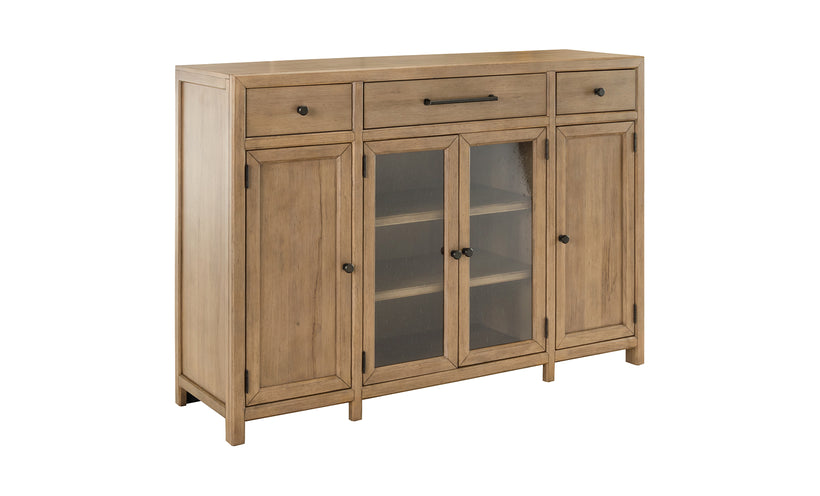 Wooden sideboard with glass doors on a white background